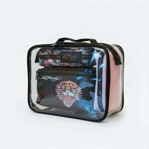 Ed Hardy 4-Piece Clear Cosmetic and Makeup Bag Set with Tiger and Skull Graphics